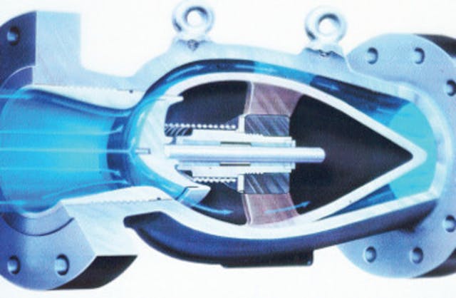 A cross section of the nozzle check valve employed to mitigate the occurence of water hammer in process pieplines.
