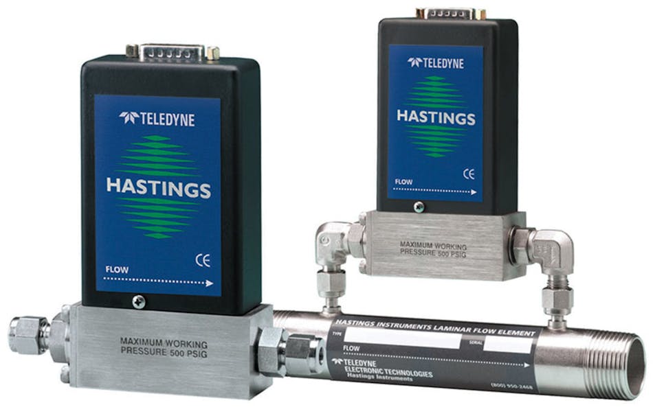 Mass flowmeters and controllers can be interfaced with industrial PLCs. Industrial MFCs often feature 4-20 mA I/O and digital interfaces. (Photo courtesy Teledyne Hastings)