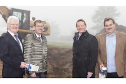 Matthias Grunwald, production manager at KHS Corpoplast GmbH; Burkhard Becker, CFO of KHS GmbH; Thomas Karell, managing director of KHS Corpoplast GmbH; and Ralf Pentinghaus, head of General Administration at KHS GmbH at the groundbreaking for the company&rsquo;s new production shop. (Source: KHS GmbH)