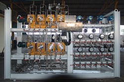 Positive displacement meters in a chemical skid. Courtesy of AW-Lake Company Positive displacement meters in a chemical skid. Courtesy of AW-Lake Company