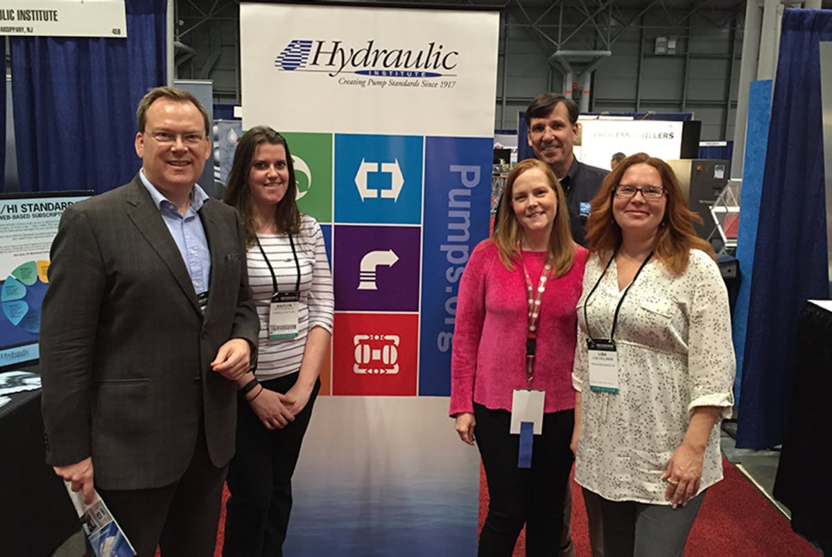 Left to right: Hydraulic Institute&rsquo;s Executive Director Mike Michaud; Marketing Engagement Associate Kaitlyn Reynolds; and Director, Education &amp; Marketing, Mark Sullivan join the Process Flow Network&rsquo;s Lori Ditoro and Lisa Williman during Day 3 of Chem Show 2015.