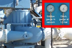 Image 1. The suction pressure gauge indicates the pump is in vacuum. Courtesy of Bachus Inc.