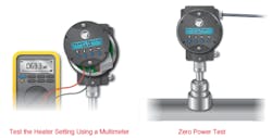 This Zero Power Test checks that the resistances of the RTDs have not changed since calibration. When the test is initiated, the meter automatically turns off the heater current and displays the temperature difference between the two sensor tips. (Courtesy Magnetrol International) This Zero Power Test checks that the resistances of the RTDs have not changed since calibration. When the test is initiated, the meter automatically turns off the heater current and displays the temperature difference between the two sensor tips. (Courtesy Magnetrol International)