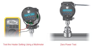 This Zero Power Test checks that the resistances of the RTDs have not changed since calibration. When the test is initiated, the meter automatically turns off the heater current and displays the temperature difference between the two sensor tips. (Courtesy Magnetrol International)