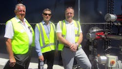 Part of the team at Richgro’s new AD plant: Tony Fenton (left) of Edina and Hugh Vaughan from Landia (right) with Richgro’s Matt Richards. Image courtesy of Richgro AD. Part of the team at Richgro’s new AD plant: Tony Fenton (left) of Edina and Hugh Vaughan from Landia (right) with Richgro’s Matt Richards. Image courtesy of Richgro AD.