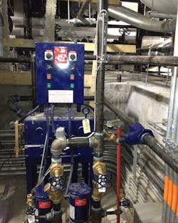 An ultrasonic flowmeter is attached to the vertical condensate pipe of the boiler system, providing greater accuracy than measuring on the steam side, while increasing safety. An ultrasonic flowmeter is attached to the vertical condensate pipe of the boiler system, providing greater accuracy than measuring on the steam side, while increasing safety.