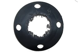 Figure 1. Effects of overcompression on a rubber gasket in a raised-face flange. All graphics courtesy of Garlock Sealing Technologies Figure 1. Effects of overcompression on a rubber gasket in a raised-face flange. All graphics courtesy of Garlock Sealing Technologies