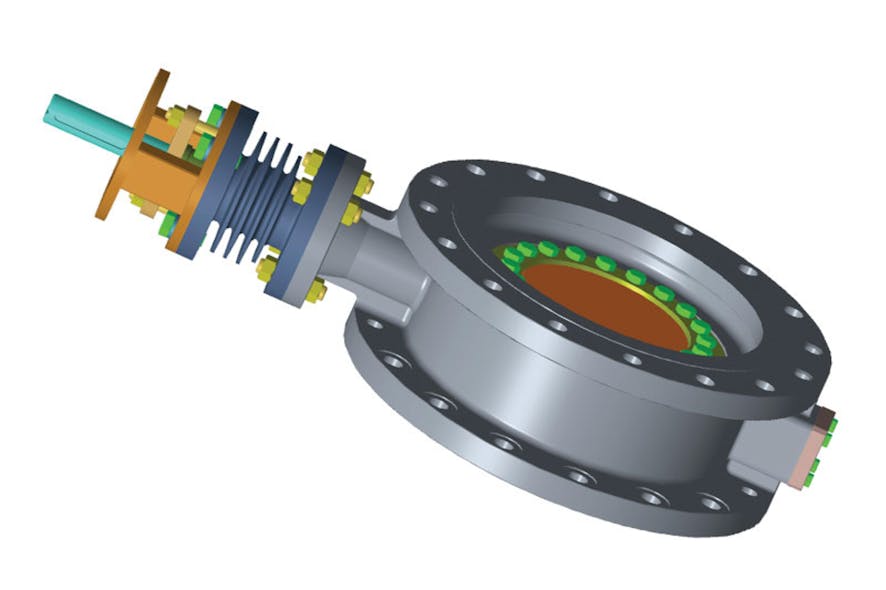 Figure 1. Triple offset butterfly valve with heat dissipation fins for high-temperature service. Graphic courtesy of L&amp;T Valves