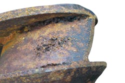 Damage from prolonged cavitation as seen on the impeller of a centrifugal pump. Image courtesy of Tsurumi America Damage from prolonged cavitation as seen on the impeller of a centrifugal pump. Image courtesy of Tsurumi America