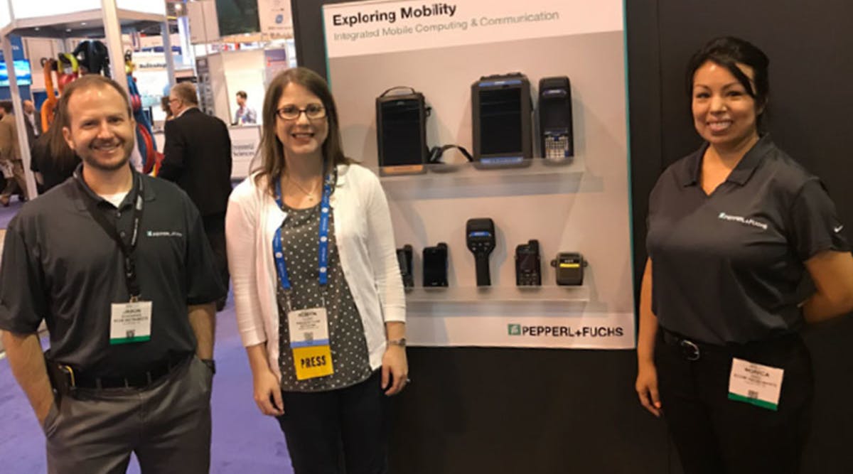 The Pepperl+Fuchs team showed Flow Control Editor in Chief Robyn Tucker its mobile devices for hazardous areas at the Offshore Technology Conference in May.