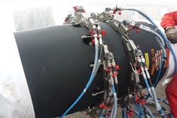 Connection of hoses with hydraulic wrenches. All images courtesy of Trelleborg Oil & Marine Connection of hoses with hydraulic wrenches. All images courtesy of Trelleborg Oil & Marine