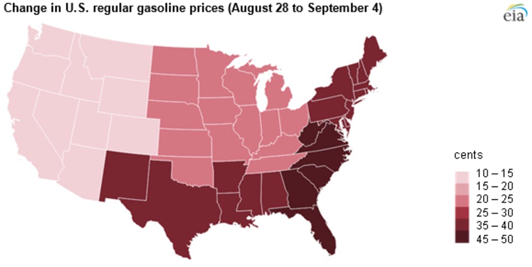 Map of gas price increase by state in Hurricane Harvey aftermath. Image courtesy of U.S. EIA