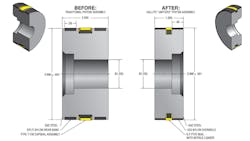 Figure 1. Comparison of a traditional and unitized piston. All graphics courtesy of Hallite Figure 1. Comparison of a traditional and unitized piston. All graphics courtesy of Hallite