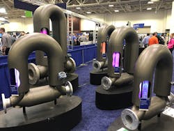 Emerson&rsquo;s Rosemount brand showcased its history of flowmeters on the exhibit floor. The company produces Coriolis meters of many sizes.