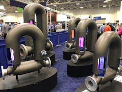Emerson’s Rosemount brand showcased its history of flowmeters on the exhibit floor. The company produces Coriolis meters of many sizes. Emerson’s Rosemount brand showcased its history of flowmeters on the exhibit floor. The company produces Coriolis meters of many sizes.