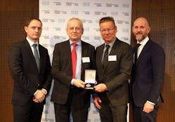 Handover of the European Business Award in Berlin (from left): Gregor Schmidt, Chief Officer Strategy RSM GmbH, Dr Manfred Jagiella, CEO of Endress+Hauser Conducta, Stephan-Christian K&ouml;hler, Director Human Resources Endress+Hauser Conducta and Adrian Tripp, CEO of the European Business Award. Graphic courtesy of Endress+Hauser