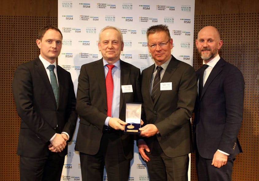 Handover of the European Business Award in Berlin (from left): Gregor Schmidt, Chief Officer Strategy RSM GmbH, Dr Manfred Jagiella, CEO of Endress+Hauser Conducta, Stephan-Christian K&ouml;hler, Director Human Resources Endress+Hauser Conducta and Adrian Tripp, CEO of the European Business Award. Graphic courtesy of Endress+Hauser
