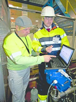 (Left) Technicians download operational performance data from the actuator&rsquo;s on-board data logger.