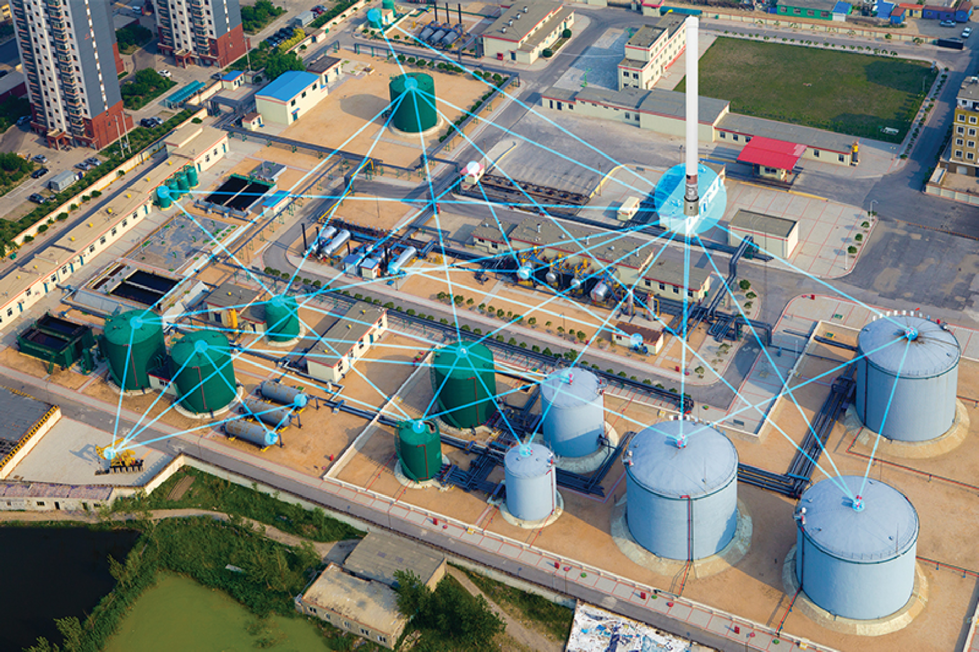 Figure 1. Wireless remote sensing systems use a network of sensors, radio nodes and gateways to monitor different assets of a tank farm without the need for cabling and trenching associated with wired systems. All graphics courtesy of SignalFire Wireless Telemetry