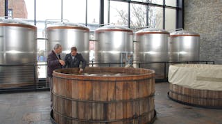 Alltech&rsquo;s cypress wood tanks hold fermented whiskey wash that is about 8 percent alcohol. From the tanks, the wash moves to the wash still in which it is heated, vaporized and condensed to become 23 percent alcohol. All graphics courtesy of Flottweg Separation Technology