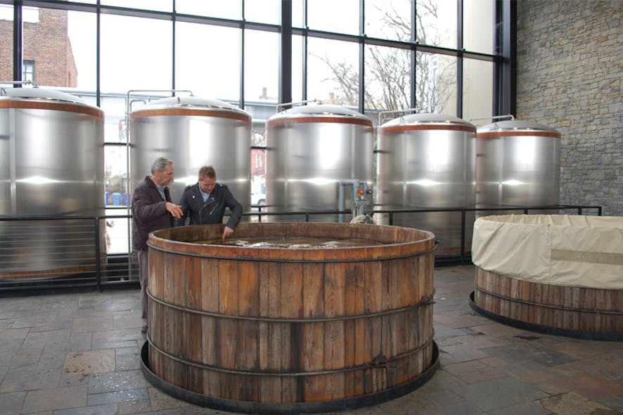 Alltech&rsquo;s cypress wood tanks hold fermented whiskey wash that is about 8 percent alcohol. From the tanks, the wash moves to the wash still in which it is heated, vaporized and condensed to become 23 percent alcohol. All graphics courtesy of Flottweg Separation Technology