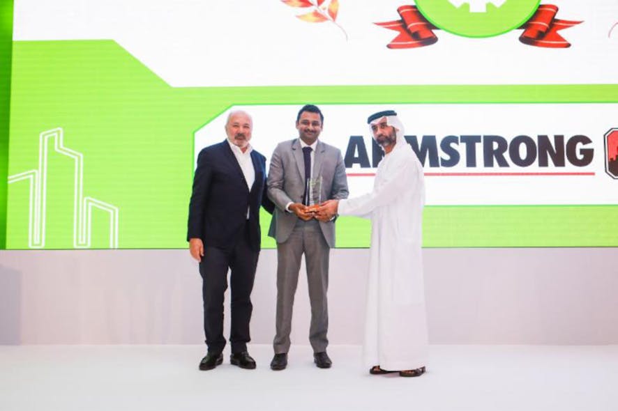 Pictured (left to right) are Mr. Albert Aoun, Chairman of IFP Group, Mr Rajmohan Govindarajan of Armstrong Fluid Technology and Mr. Ali Jasim, CEO of Etihad Esco at the RetrofitTech2018 Awards. Graphic courtesy of Armstrong Fluid Technology