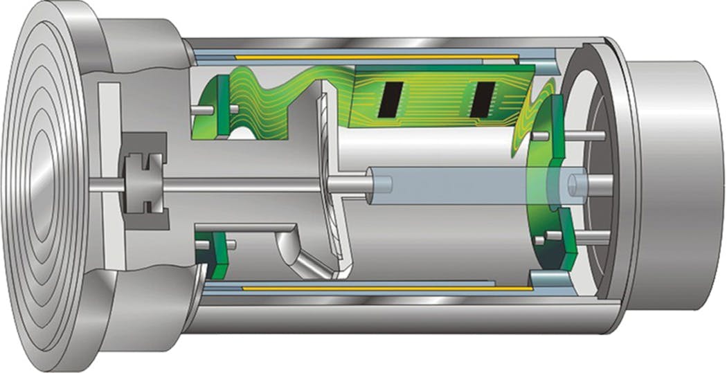Figure 2. A condensation-resistant pressure instrument &mdash; such as this Endress+Hauser Deltapilot with a Contite sensor &mdash; is impervious to condensation-related drift because it has no vent to ambient air. The green section is a low-pressure side diaphragm.