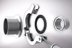 Figure 1. Clamp connections are designed to seal two ferrules together quickly, securely and without creating sites where contamination can collect. Figure 1. Clamp connections are designed to seal two ferrules together quickly, securely and without creating sites where contamination can collect.