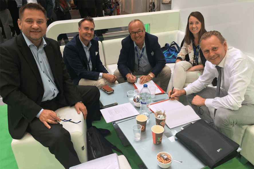 From left to right: Krzysztof Doroszkiewicz Distribution Lead at Tapflo Group, Hakan Ekstrand COO at Tapflo Group, B&ouml;rje Johansson owner of Taplflo Group, Emelie Johansson, Gerard Santema EMEA Sales Director Industrial Pumps &amp; Mixers at SPX FLOW. Graphic courtesy of SPX FLOW
