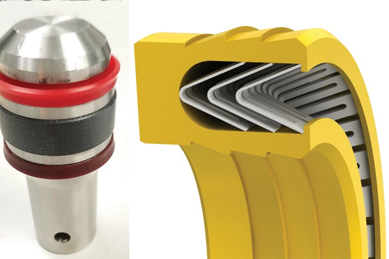 LEFT: Piston with different seals for different media. RIGHT: Multi-lip, V-spring seal