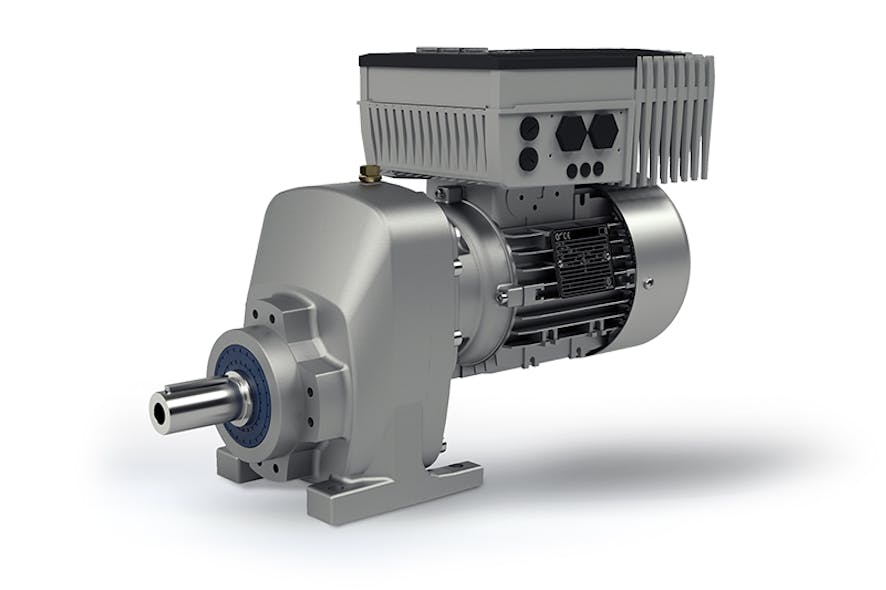 Figure 1. Single stage NORDBLOC.1 helical gear unit with an energy-efficient motor and NORDAC FLEX frequency inverter. All images courtesy of NORD DRIVESYSTEMS
