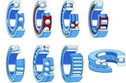 Figure 1. Bearing shapes: a) deep groove ball bearing, b) angular contact ball bearing, c) self-aligning ball bearing, d) cylindrical roller bearing, e) tapered roller bearing, f) spherical roller bearing, g) needle roller bearing, h) thrust ball bearing Illustrations from SKF Bearing Catalogue. Image courtesy of Solano-Alvarez, Wilberth. (2015). Microstructural degradation of bearing steels, Figure 1. Bearing shapes: a) deep groove ball bearing, b) angular contact ball bearing, c) self-aligning ball bearing, d) cylindrical roller bearing, e) tapered roller bearing, f) spherical roller bearing, g) needle roller bearing, h) thrust ball bearing Illustrations from SKF Bearing Catalogue. Image courtesy of Solano-Alvarez, Wilberth. (2015). Microstructural degradation of bearing steels,