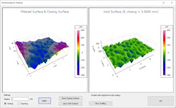 Figure 5. On the left, a closing filter (transparent blue) interacts with the measured surface. The difference between the closing surface and measured surface creates the void surface (shown on the right). The void surface represents the void areas where leakage may occur. Figure 5. On the left, a closing filter (transparent blue) interacts with the measured surface. The difference between the closing surface and measured surface creates the void surface (shown on the right). The void surface represents the void areas where leakage may occur.
