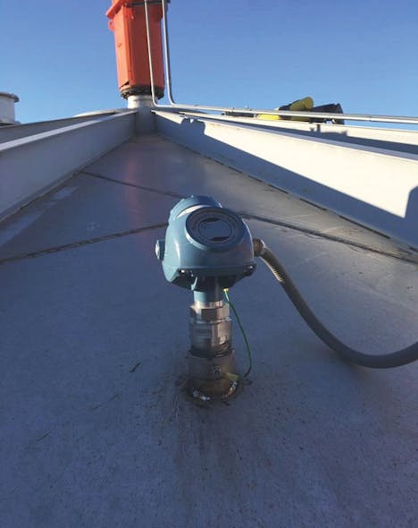 Figure 1. Emerson&rsquo;s Rosemount 5301 Guided Wave Radar Level Transmitter screws into a threaded nozzle mounted on the fermentation tank roof.