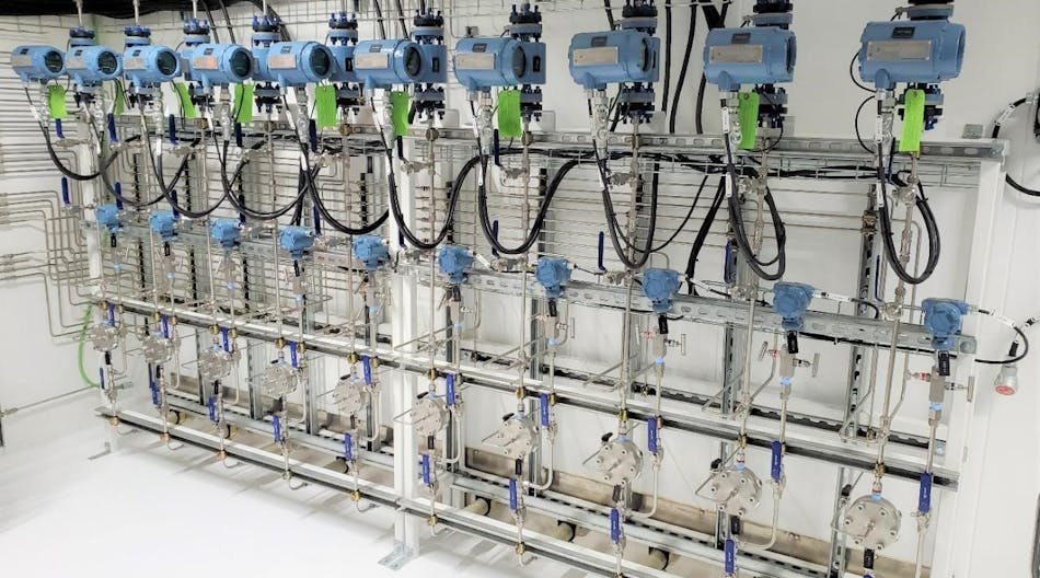 Figure 1. In this water injection skid with multiple flow control systems for dosing freshwater at the base of oil wells in the Bakken Basin of North Dakota, the lower row of components are stainless steel direct-sealing diaphragm valves.