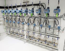 Figure 1. In this water injection skid with multiple flow control systems for dosing freshwater at the base of oil wells in the Bakken Basin of North Dakota, the lower row of components are stainless steel direct-sealing diaphragm valves. Figure 1. In this water injection skid with multiple flow control systems for dosing freshwater at the base of oil wells in the Bakken Basin of North Dakota, the lower row of components are stainless steel direct-sealing diaphragm valves.