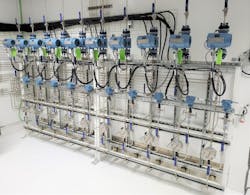 Figure 1. In this water injection skid with multiple flow control systems for dosing freshwater at the base of oil wells in the Bakken Basin of North Dakota, the lower row of components are stainless steel direct-sealing diaphragm valves.