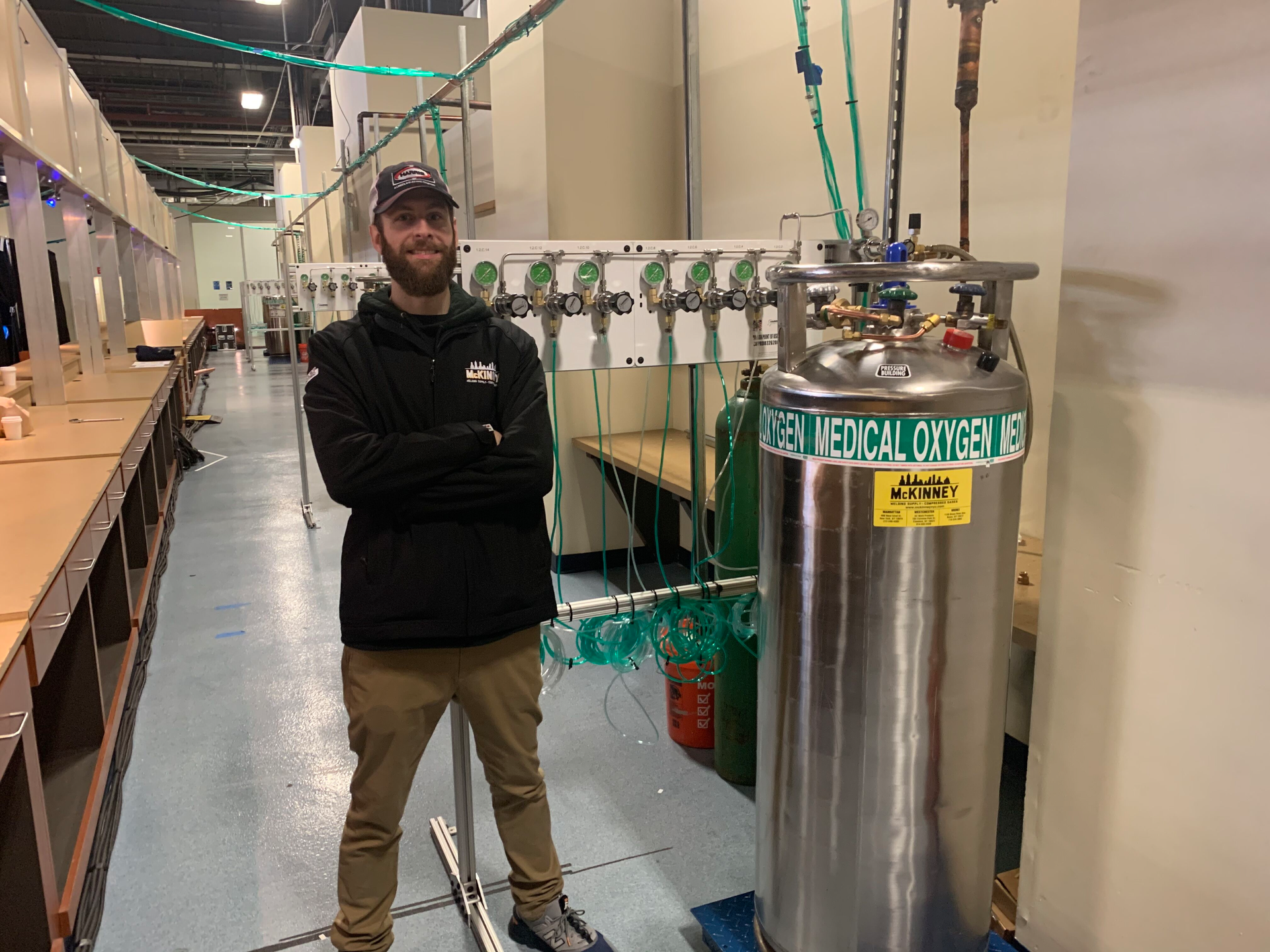 Dan Mattiace, general manager of McKinney Welding Supply, is photographed in front of dewar tanks at the Brooklyn Cruise Terminal.