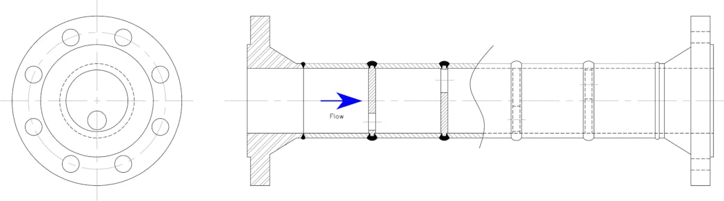 Figure 2. Typical arrangement drawing of 4-stage multistage RO assembly with flanged end connection.