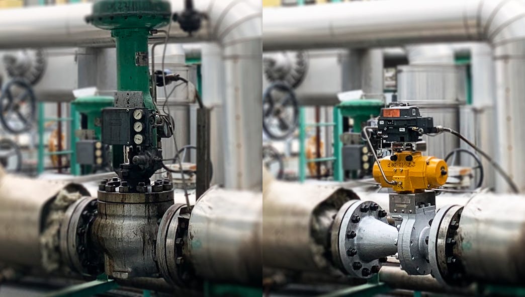 The globe valve (left) was replaced by the Shutter Valve (right). The Shutter Valve is fully interchangeable with globe control valves and reduces footprint by about 50%.