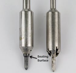 Figure 7. The valve plug on the left has a high strength Alloy 6 tip, while the valve plug on the right is made of 316 stainless. Both have been subjected to the same flashing conditions for a similar duration. Figure 7. The valve plug on the left has a high strength Alloy 6 tip, while the valve plug on the right is made of 316 stainless. Both have been subjected to the same flashing conditions for a similar duration.