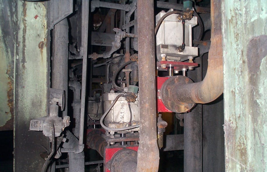 Figure 1. Pinch valves used at a coal-burning power plant in New York. The valves are ANSI 300 lbs. automatic isolation valves with solenoids and limit switches isolating high-pressure bottom ash up to 300 psig. The average sleeve lifetime in high-pressure bottom ash in this plant is more than five years. The plant has 74 high-pressure pinch valves in this application.