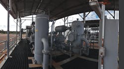 An example of a reciprocating compressor package with pulsation vessels (horizontal pulsation bottles at top and bottom of cylinders), auxiliaries and piping. An example of a reciprocating compressor package with pulsation vessels (horizontal pulsation bottles at top and bottom of cylinders), auxiliaries and piping.