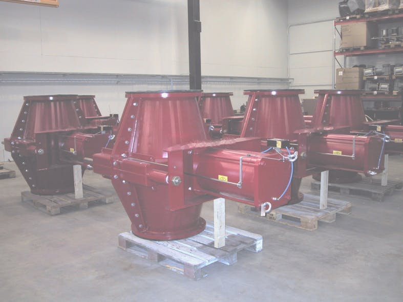 Figure 2. 24-inch control pinch valves delivered to a Western Canada mining operation for flotation cell control. The valves are controlled via a 4-20 mA electropneumatic positioner.