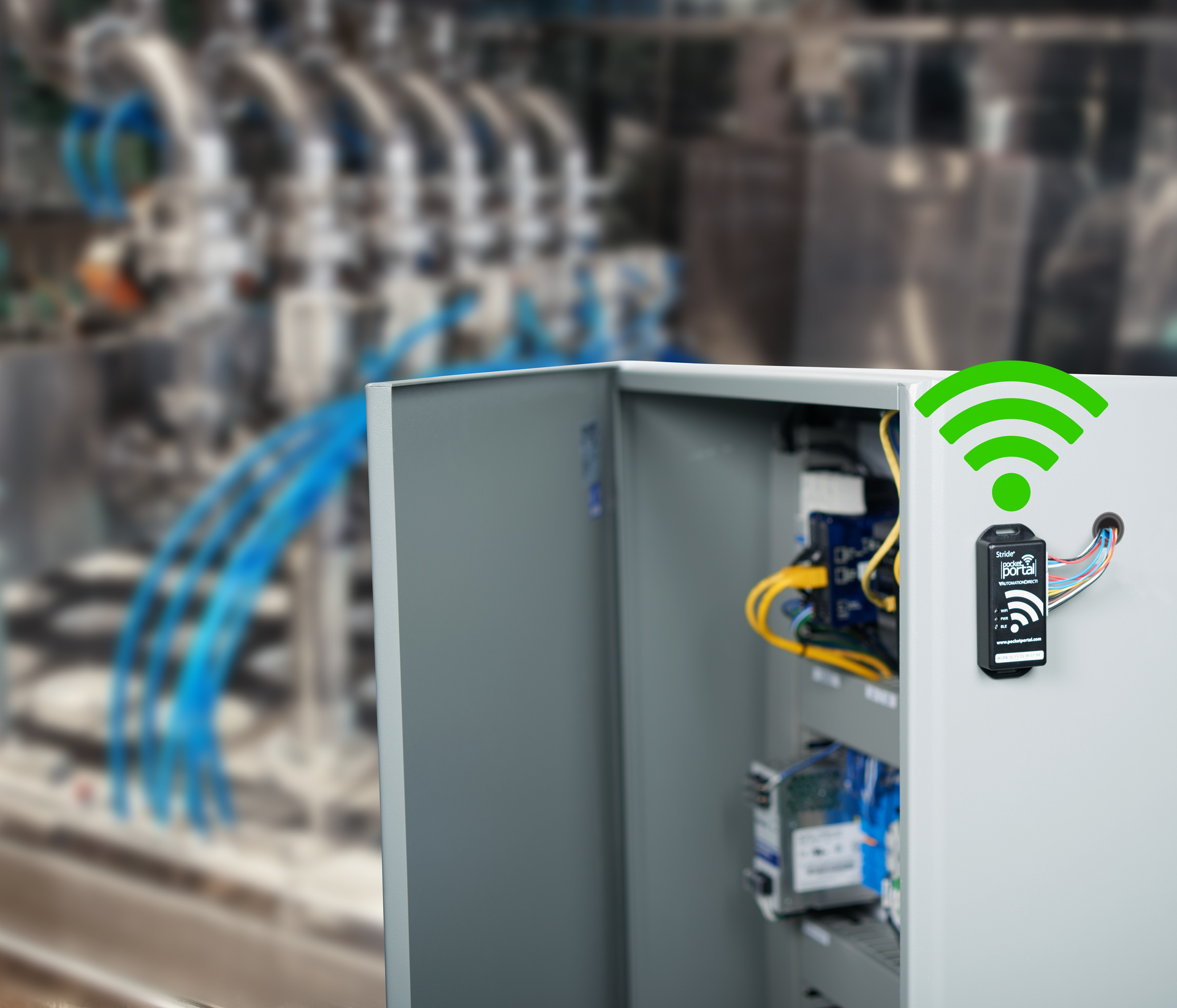 Figure 1. This AutomationDirect Stride Pocket Portal is easy to install (in this case, on the exterior of enclosure) and connect, adding IoT multivariable monitoring to any new or existing equipment.