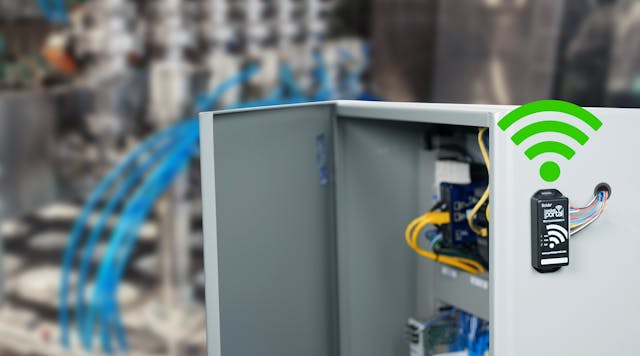Figure 1. This AutomationDirect Stride Pocket Portal is easy to install (in this case, on the exterior of enclosure) and connect, adding IoT multivariable monitoring to any new or existing equipment.