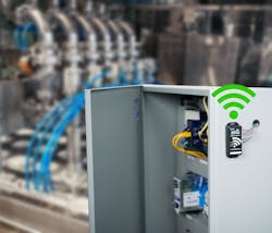 Figure 1. This AutomationDirect Stride Pocket Portal is easy to install (in this case, on the exterior of enclosure) and connect, adding IoT multivariable monitoring to any new or existing equipment. Figure 1. This AutomationDirect Stride Pocket Portal is easy to install (in this case, on the exterior of enclosure) and connect, adding IoT multivariable monitoring to any new or existing equipment.