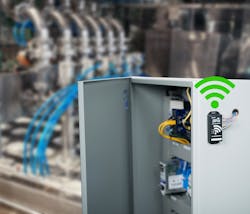 Figure 1. This AutomationDirect Stride Pocket Portal is easy to install (in this case, on the exterior of enclosure) and connect, adding IoT multivariable monitoring to any new or existing equipment. Figure 1. This AutomationDirect Stride Pocket Portal is easy to install (in this case, on the exterior of enclosure) and connect, adding IoT multivariable monitoring to any new or existing equipment.