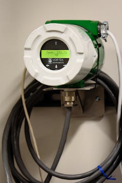 Figure 5. Remote mounted electronics of a vortex flowmeter, metering steam. Figure 5. Remote mounted electronics of a vortex flowmeter, metering steam.