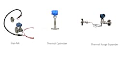Figure 2. Controlling sensing line and capillary temperature using either external or process heating ensures a consistent, fast response. Cap-Pak (left), Thermal Optimizer (middle) and Thermal Range Exoander (right). Figure 2. Controlling sensing line and capillary temperature using either external or process heating ensures a consistent, fast response. Cap-Pak (left), Thermal Optimizer (middle) and Thermal Range Exoander (right).